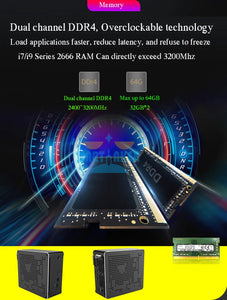 Newest Mini PC Intel I9-10880H I7-8750H 2*DDR4 2*M.2 PCIE+1*2.5''SATA Graphics 630 Gaming Silence PC HDMI DP AC WiFi BT