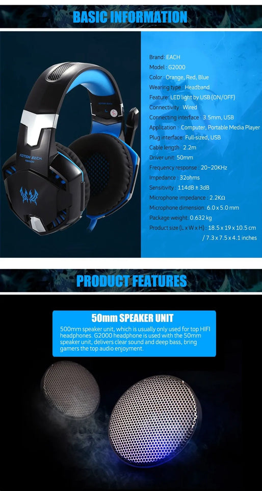 EACH G2000 Gaming Headset Deep Bass Stereo Game Headphone with Microphone LED Light for PC Laptop PS4+Gaming Mouse+Mice Pad