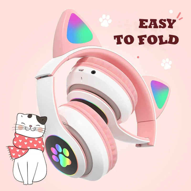 New JST-28 Wireless Headphones Cat Ears Bluetooth Earphones Stereo Music Earbuds Bluetooth 5.0 Sports Gaming Headset with Mic