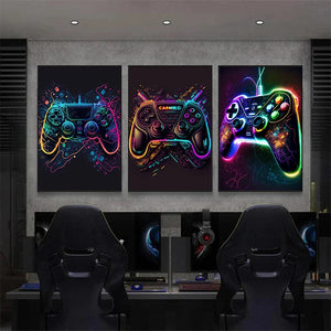 Cool Gaming Wall Art Canvas Painting, Colorful Gamer Controller, Neon Pop Poster and Print, E-sports Room Decor, Gift, No Lights