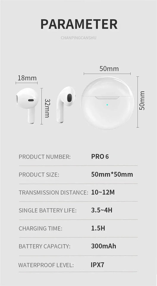 Original Air Pro 6 TWS Wireless Headphones Fone Bluetooth Earphones Mic Pods InEar Earpods Pro6 Earbuds sport Headset For Xiaomi