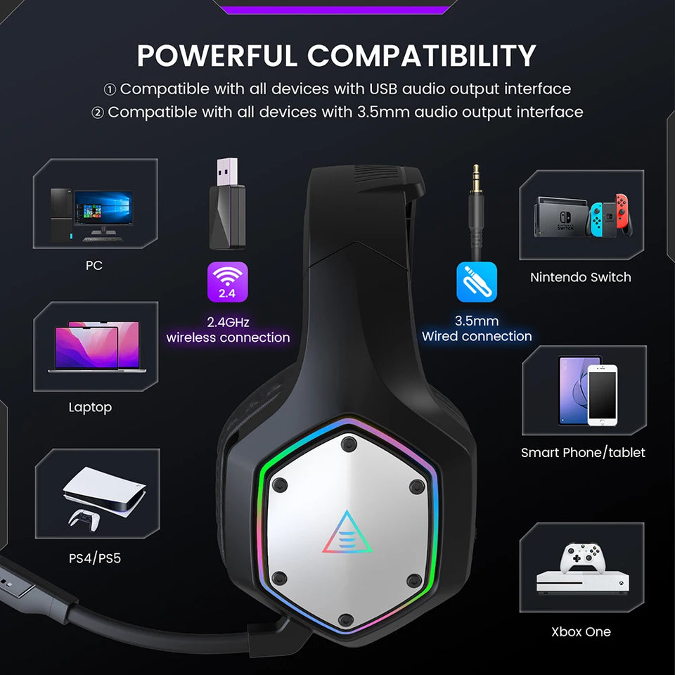 EKSA 2.4GHz Wireless Headphones E1000 WT 7.1 Surround Wired Gaming Headset Gamer with ENC Mic Low Latency for PC/PS4/PS5/Xbox