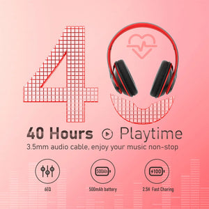 Bluetooth Headphones Over Ear, 6S Foldable Wireless Headphones with 6 EQ Modes, 40 Hours Playtime HiFi Stereo Headset with Mic