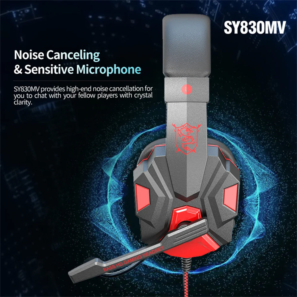 SY830MV Wired Headset Noise Canceling Stereo Over Ear Headphones With Cool LED Lighting For Cell Phone Gaming Computer Laptop