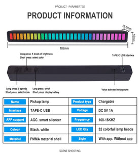 LED Strip Light Music Sound Control Pickup Rhythm Ambient Lamp Atmosphere Night Lights For Bar Car Room TV Gaming RGB Decoration