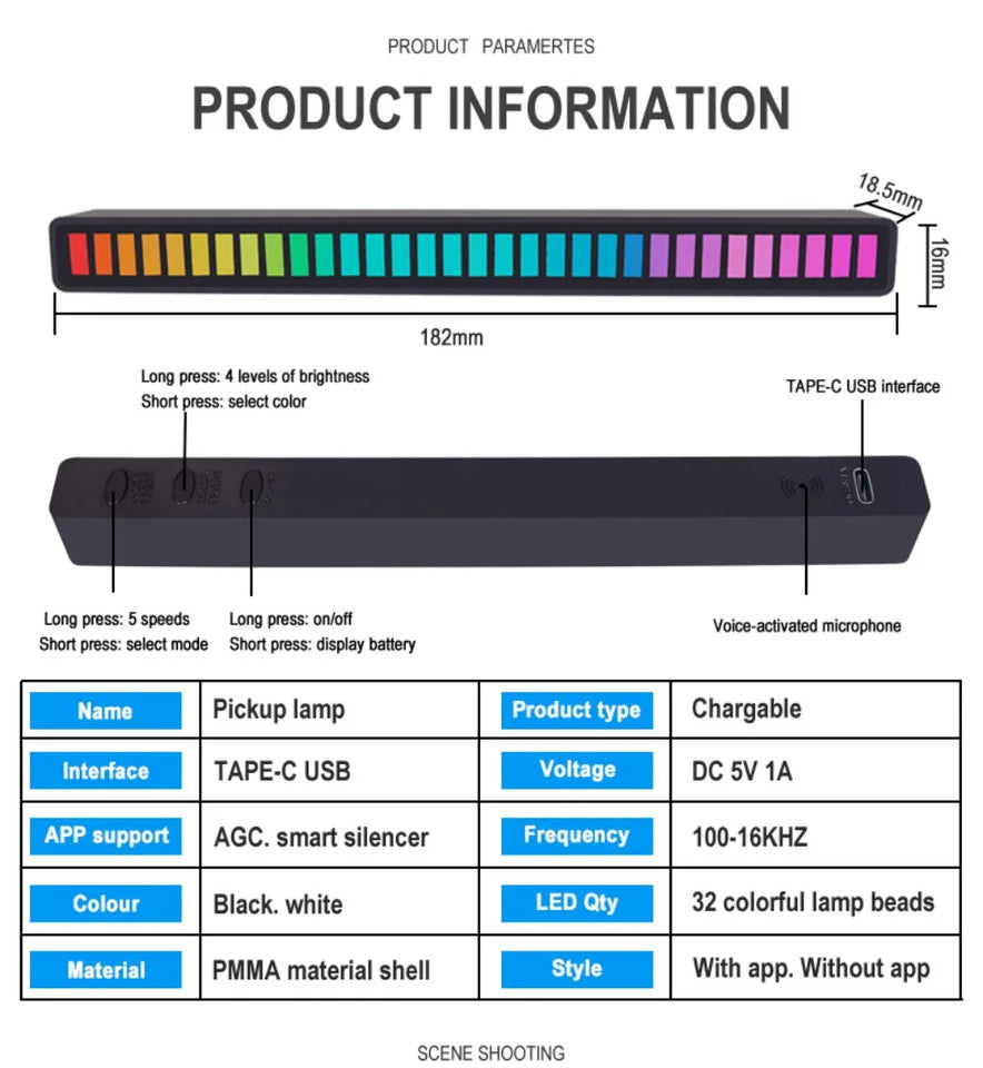 LED Strip Light Music Sound Control Pickup Rhythm Ambient Lamp Atmosphere Night Lights For Bar Car Room TV Gaming RGB Decoration