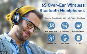 Bluetooth Headphones Over Ear, 6S Foldable Wireless Headphones with 6 EQ Modes, 40 Hours Playtime HiFi Stereo Headset with Mic