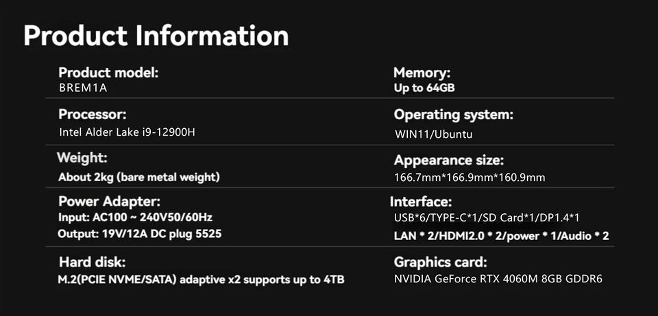 BRENUC M1A Mini Gaming PC Intel Core i9-12900H With RTX 4060 8G Gaming Desktop Computer Win11 WiFi6 Dual 2.5G LAN