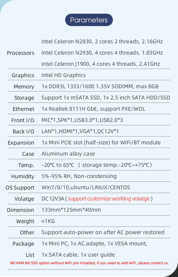 Fanless Mini PC Intel Celeron J1900 Support Windows7/8/10 Linux Gigabit Ethernet WiFi HDMI VGA Display Embedded Computer