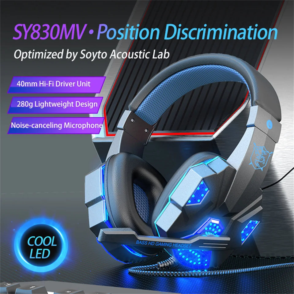 SY830MV Wired Headset Noise Canceling Stereo Over Ear Headphones With Cool LED Lighting For Cell Phone Gaming Computer Laptop